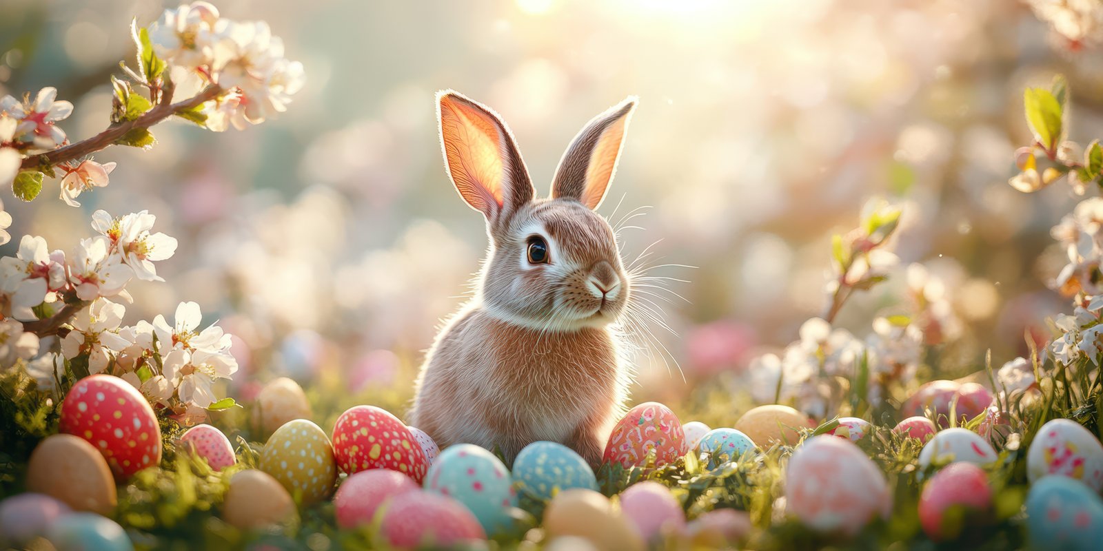 Cute rabbit surrounded by colorful Easter eggs in a spring blossom garden during golden hour sunlight
